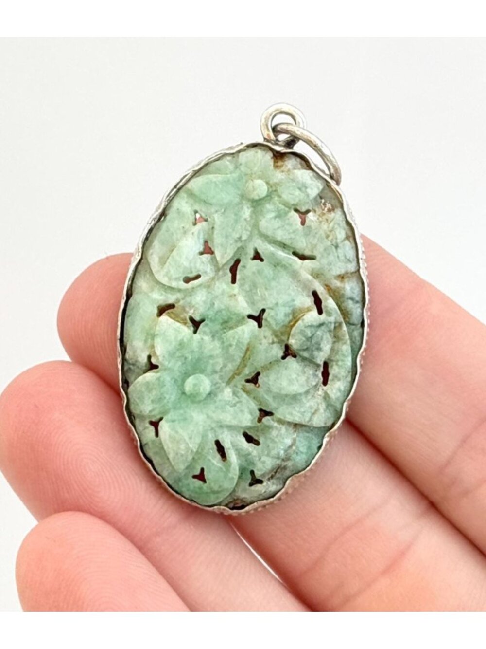 Carved Natural Jade Floral Vintage Sterling Silver 925 Handmade Pendant